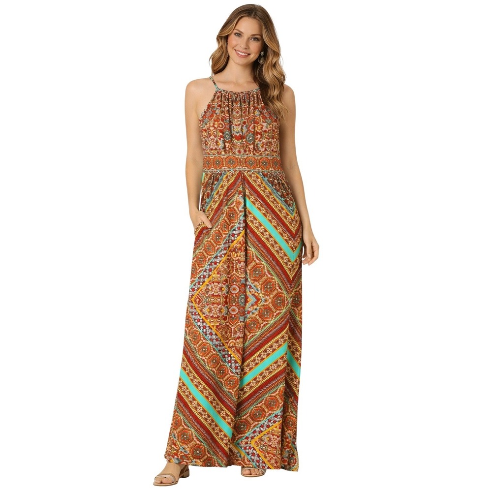 London Times Maxi Dress Women 12 Multicolor Paisley Halter Neck Sleeveless